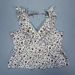 Old Navy Peplum Top Womens XXL Tall White Brown Floral Ruffle V-Neck